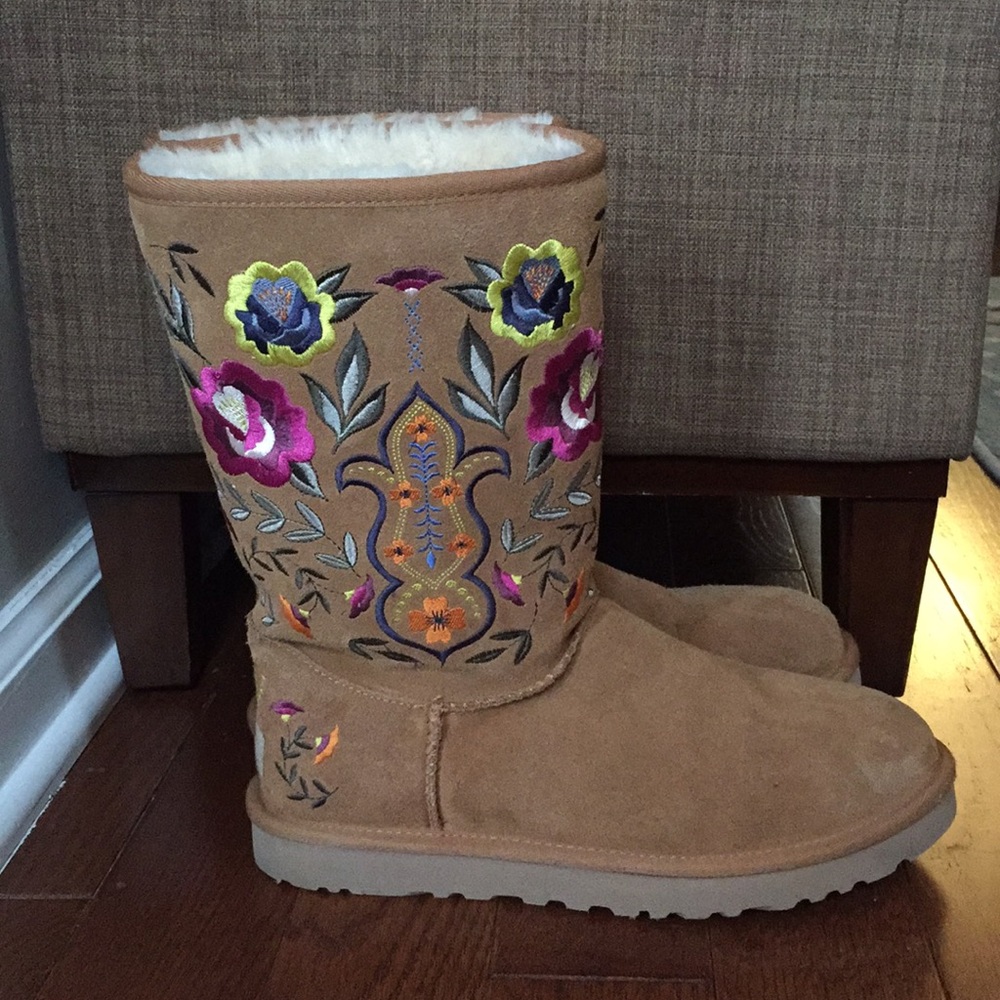 UGG Juliette Tall Boot Chestnut Suede Embroidered